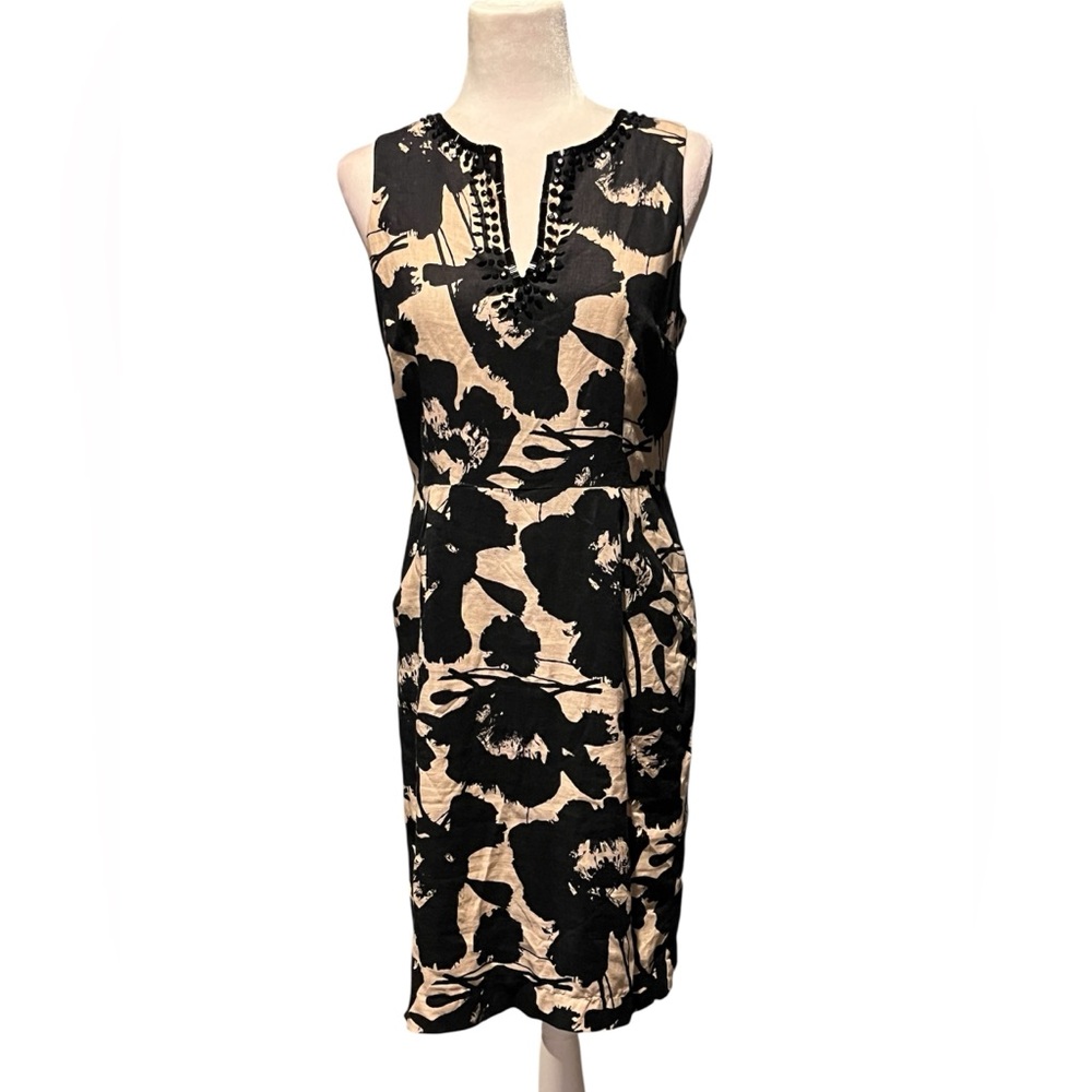 Saint Tropez West Black and Cream 100% Linen Floral Dress Size 10